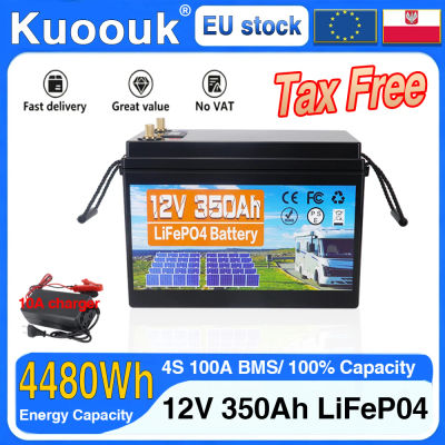 Batería LiFePO4 de 12.8V 350Ah, Baterías de Fosfato de Hierro y Litio de 12V, Cargador de 14.6V para Vehículos de Turismo, Libre de Impuestos
