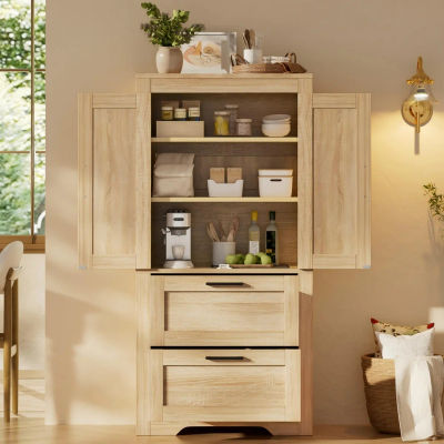 Muebles de cocina estilo rústico, armarios de almacenamiento, con dos cajones y estantes ajustables. Los gabinetes laterales presentan un diseño de puerta corredera y son adecuados para ser utilizados