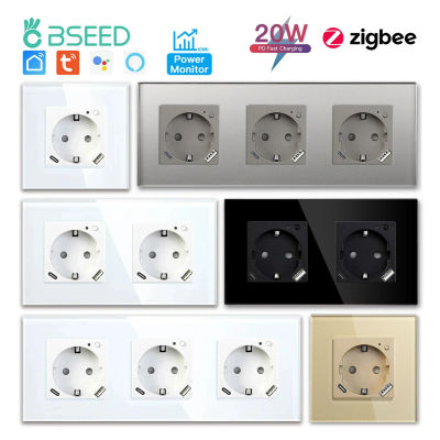 BSEED Zigbee Monitor de potencia enchufe inteligente enchufes de corriente de vidrio USB tipo c AC 20W puertos Tuya Smart Life Alexa Control estándar de la UE