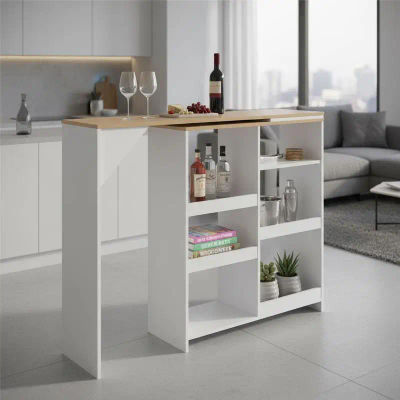 Mesa de bar con estante extraíble, color blanco, 138x39x110 cm, mesa de bar con estante, madera sintética, muebles para el hogar, cocina, pub