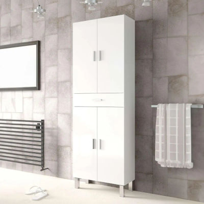 Columna de baño, mueble lavabo, 4 puertas y 1 cajón, modelo Aruba, acabado blanco brillo, mueble de baño