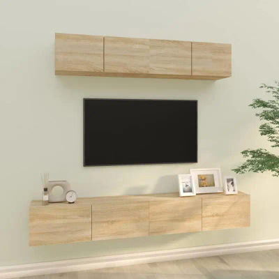 Mueble de TV para colgar en la pared. Ofrece amplio espacio de almacenamiento y está hecho de madera de ingeniería de alta calidad, ideal para salas de estar.