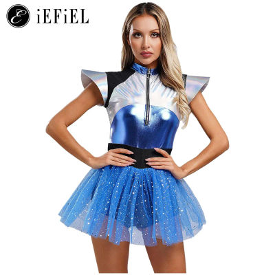 Disfraz de astronauta alienígena para mujer, disfraz de Robot alienígena, manga casquillo metálica, vestido de baile tutú para Festival de Carnaval y Halloween