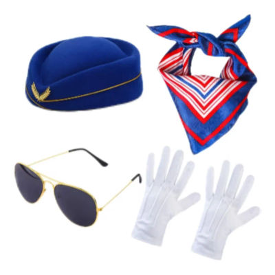 Disfraz de azafata para mujer, disfraz de azafata para mujer, sombrero de azafata con guantes, bufanda, gafas de sol, disfraz de cosplay