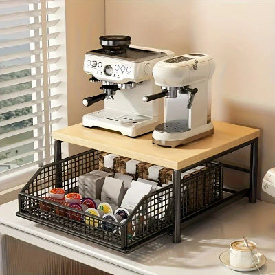 Organizador de Microondas Elegante de 2 Niveles con Cajones Integrados, Estante de Almacenamiento Multiusos para Encimera, Mueble de Cocina Decorativo para Mantener el Área de Cocina Ordenada