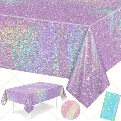 Mantel Láser Morado con Purpurina para Decoración de Cumpleaños y Bodas, Cubierta de Mesa de Aluminio Rosa para Fiestas, Suministros para Baby Shower