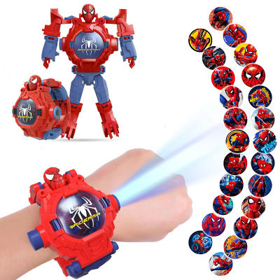 Moda 24 patrones de proyección Spiderman relojes para niños para niño deformación Robot proyección reloj electrónico niños Navidad