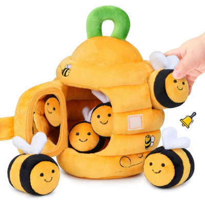 Juguetes para bebés de 6 a 12 meses, colmena suave para bebés con 5 sonajeros sensoriales de abeja, espejo, chirriador arrugado, juguete suave Montessori ocupado para niños pequeños