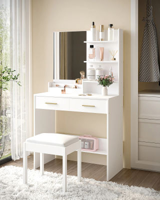 Tocador con Espejo, Mueble de Tocador con 4 Estantes Abiertos y 2 Compartimentos, Tocador con 2 Cajones, para Dormitorio