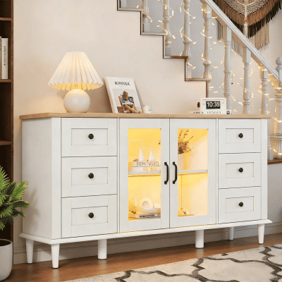 Mueble de almacenamiento, mueble auxiliar, 150*40*75 cm, mueble para salón, mueble auxiliar para comedor con 2 puertas de acrílico, mueble para comedor