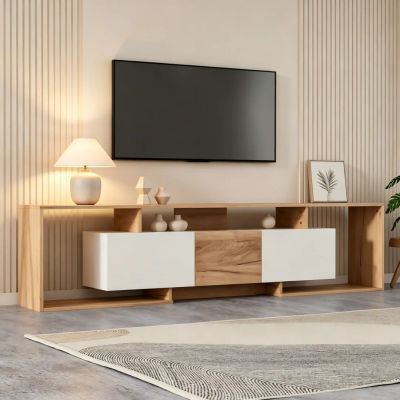 Mueble para TV con 2 Puertas Plegables, 1 Puerta Giratoria y 3 Espacios de Almacenamiento Abiertos. El diseño combina tonos blancos y de madera natural. Es adecuado para televisores de hasta 85