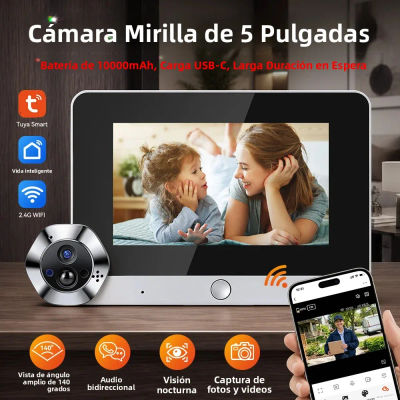Videoportero WiFi Tuya de 5 Pulgadas, Cámara de Mirilla HD 1080P, 140° ° Monitor de Visión Nocturna con Detección de Movimiento PIR de Gran Angular y Comunicación Bidireccional