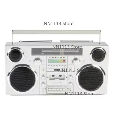 Boombox portátil estilo años 80 plateado con reproductor de CD reproductor de casete Radio FM Altavoz Bluetooth inalámbrico USB