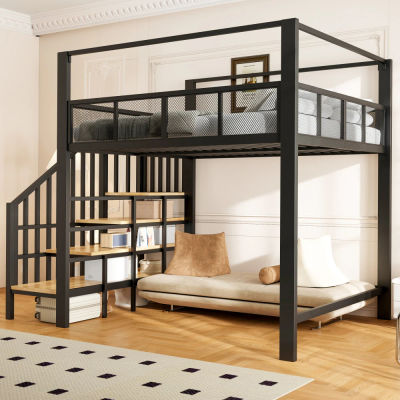 Cama alta metálica con dosel decorativo, escritorio integrado, almacenamiento debajo de la cama, escalera, barandilla de seguridad, estructura de cama alta individual resistente, muebles para