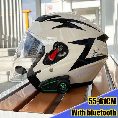 Casco de Motocicleta con Doble Espejo Inteligente y Bluetooth, Protección Solar Unisex para las Cuatro Estaciones, Casco de Tres Cuartos para Motociclistas, 55-61 cm