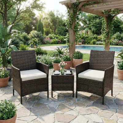 Conjunto de Bistro para Patio de 3 Piezas – Sillas de Mimbre de Ratán PE con Cojines Suaves, Mesa de Centro de Vidrio, Muebles Pequeños para Terraza, Balcón, Piscina