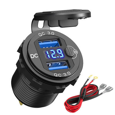 Cargador rápido de aluminio QC3.0, cargador de coche USB Dual con botón de interruptor, pantalla LED de voltaje para coches de 12V/24V, barcos y motocicletas