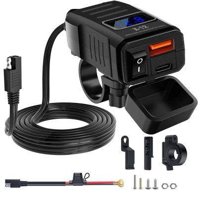 Cargador para Motocicleta, Adaptador Impermeable de 12V-24V, Puertos USB PD para Teléfono, Carga Rápida 3.0, con Interruptor y Voltímetro Digital