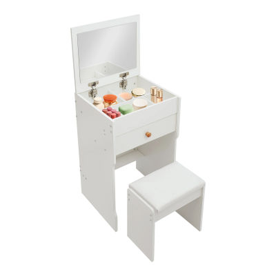 Mesa de tocador blanca con taburete a juego, espejo oculto abatible, múltiples compartimentos de almacenamiento, escritorio ligero para maquillaje, organizador multifuncional, mueble para dormitorio,