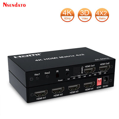 Conmutador HDMI 4K 60Hz True Matrix 4x2, 4 entradas y 2 salidas, con EDID óptico, para PC, PS4, TV y monitor.