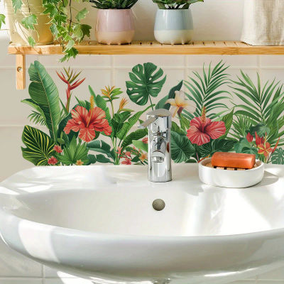 Calcomanías de Pared de Plantas Tropicales, Adhesivos de Pared de Hojas de Hibisco y Monstera, Arte de Pared de Flores de la Selva Removible para Sala de Estar, Dormitorio, Baño