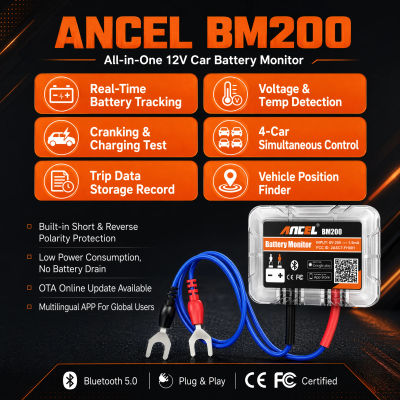 ANCEL BM200 Monitor de Batería de Coche de 12V, Monitorización de Salud de Batería Inalámbrica Bluetooth 4.2 para Aplicaciones Android e iOS, Herramienta de Prueba de Batería