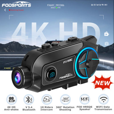 Nuevo Intercomunicador para Motocicleta Fodsports FX60C, Auriculares Bluetooth para Casco con Cámara 4K HD+ Antivibración, Intercomunicador para Moto BT5.4