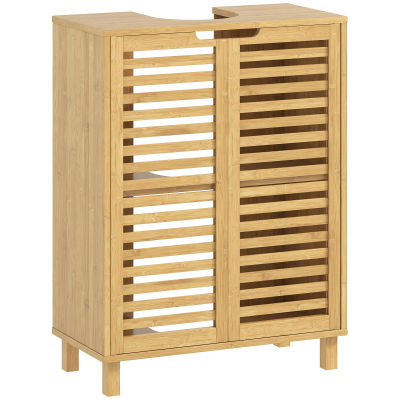 HOMCOM Mueble Bajo Lavabo de Bambú con 2 Puertas de Lamas Estante Ajustable para Lavabos con o sin Pedestal Natural