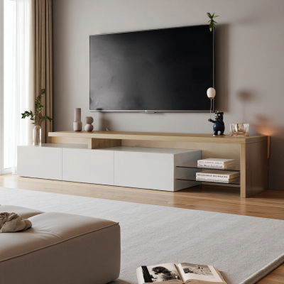 Mueble para TV para Salón, Mueble Bajo para TV, Aparador, con LED, 2 Divisiones de Vidrio, 3 Cajones, Blanco Brillante