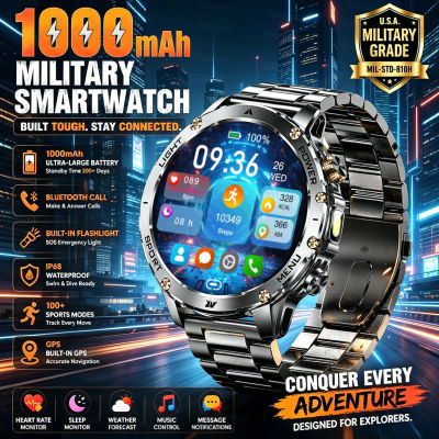 Nuevo reloj inteligente militar con batería de 1000mAh, lámpara de bolsillo para exteriores para hombre, pulsera deportiva con Bluetooth, resistente al agua hasta 10ATM, con monitor de ritmo cardíaco