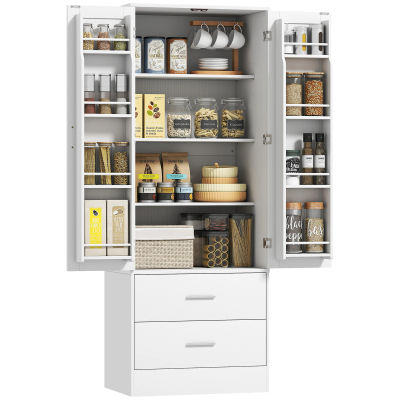 HOMCOM Mueble buffet de cocina, armario de cocina, para vajilla, 2 puertas, 4 compartimentos, 8 estantes para especias, 2 cajones, estanterías organizadoras