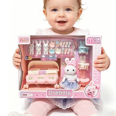 Muebles para Casa de Muñecas, Set de Juego de Imitación de Guardería de Conejitos en Miniatura con Muñecas y Cochecito, Juguete de Rol para Niños, Regalos de Cumpleaños para Niños Pequeños