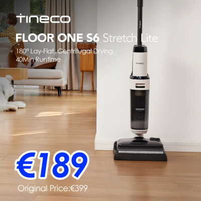 Aspiradora en seco y húmedo Tineco Floor ONE S6 Stretch Lite, 180 ° Aspiradora de líquidos Lay Flat, 40 minutos de autonomía, limpieza de bordes a doble cara, llega a muebles bajos para eliminar