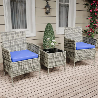 Conjunto de Bistró de 3 Piezas para Patio y Jardín, Muebles de Jardín de Ratán PE con 2 Sillas y una Mesa de Centro con Tapa de Vidrio, Conjunto de Asientos Pequeño con Cojines para Balcón, Patio y