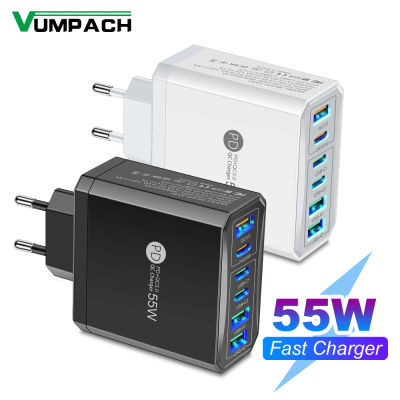 Cargador de viaje QC3.0 de carga rápida, 55W, 3 USB, 3 PD, para iPhone 15, 14, Samsung, Xiaomi, adaptador para teléfono móvil, enchufe UE, KR, EE. UU., Reino Unido