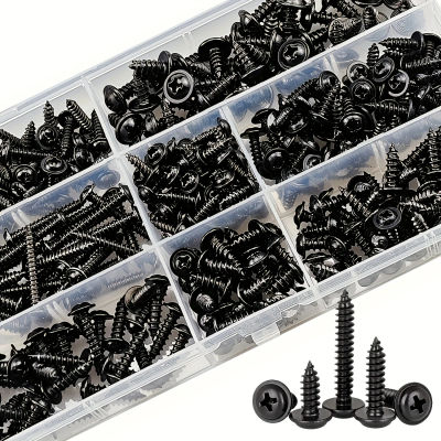 Juego de 250/340 tornillos autorroscantes - Tamaños M3/M4/M3.5/M5, cabeza plana Phillips, acero al carbono negro para muebles de madera