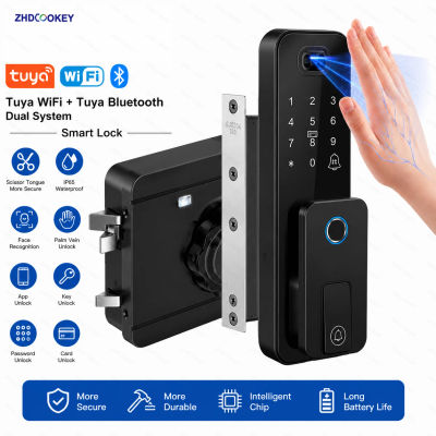 Cerradura Inteligente Tuya WiFi con Bluetooth y Reconocimiento Facial/Venoso, Timbre Impermeable, Cerraduras de Llave de Cilindro Tipo Tijera, Sin Perforación
