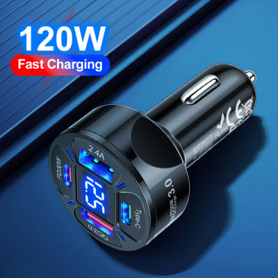 Cargador de coche USB con pantalla Digital de 4 puertos, 120W, carga rápida QC3.0, cargador USB de 30W para iPhone 15 Pro Max Xiaomi Samsung