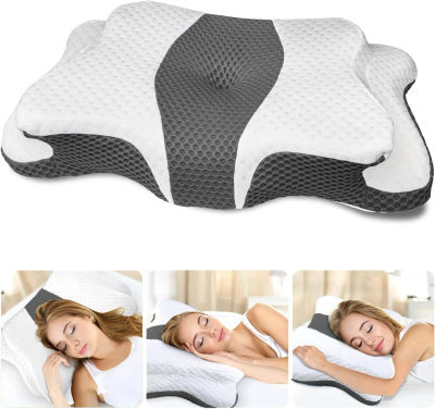 Almohada de soporte con forma de onda, almohada para el cuello de espuma viscoelástica, almohada ortopédica ergonómica 2 en 1, almohada de soporte para cuello y cuerpo, gris y blanco.