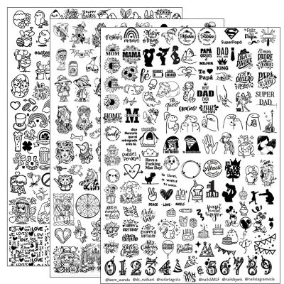 Placa de estampado de uñas de animales con personaje de dibujos animados, placa de imagen artística de uñas de Halloween, plantilla de sello de diseño de hojas de plantas geométricas de flores