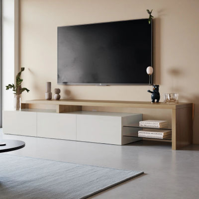 Mueble para TV Rosahqnda con Luces LED, Mueble Bajo para TV, Aparador para Sala de Estar, 2 Divisiones de Vidrio, 3 Cajones, Blanco/Negro con Acabado Brillante