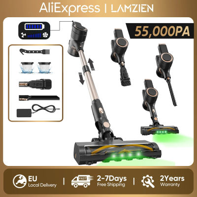 Aspiradora inalámbrica LAMZIEN V8MAX, 55000PA/45 minutos de autonomía, filtración HEPA eficiente, con faro LED verde, cepillo antienredos en forma de V para suelos duros, alfombras y pelo de mascotas
