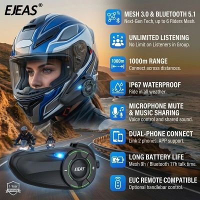 Sistema de intercomunicación para casco de motocicleta EJEAS Q8, auriculares Bluetooth 5.1 para casco, auriculares inalámbricos IP67 para casco, altavoces para casco, auriculares con intercomunicación