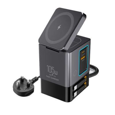 Base de carga inalámbrica magnética GaN 6 en 1 de 105 W, estación de carga inalámbrica rápida de 15 W para escritorio, compatible con iPhone 18, 17, 16, 15, 14 y AirPods.