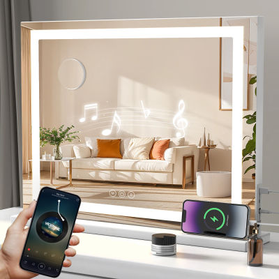 Espejo de maquillaje con luz interior LED, Control táctil regulable, Altavoz Bluetooth Puerto de carga USB Espejo de iluminación para dormitorio