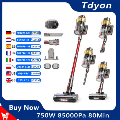 Tdyon Aspiradora inalámbrica de 750 W succión ultrafuerte de 8500 Pa carga rápida en 3 horas depósito de polvo grande de 2,8 L, batería extraíble, hasta 80 minutos de autonomía, aspiradora de mano 2