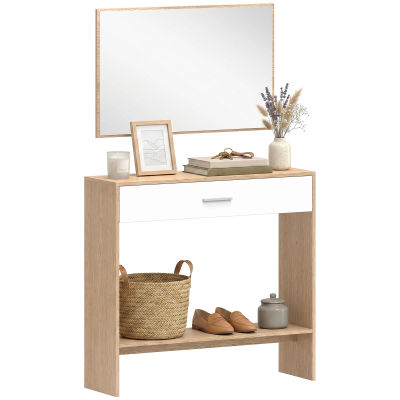 HOMCOM Recibidor de Entrada con Espejo, Cajón y Estante, Mueble de Recibidor de 2 Piezas con Mesa Consola y Espejo, Diseño Antivuelco, para Pasillo, 91,5x27,9x85,5 cm