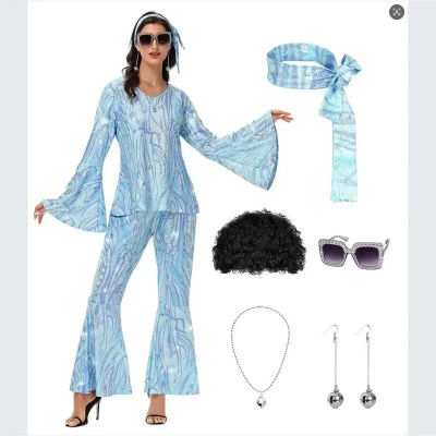 Disfraz de discoteca para mujer de los años 70, top, pantalones, gafas de sol, collar, aretes y peluca para Halloween, Pascua y fiestas de disfraces.