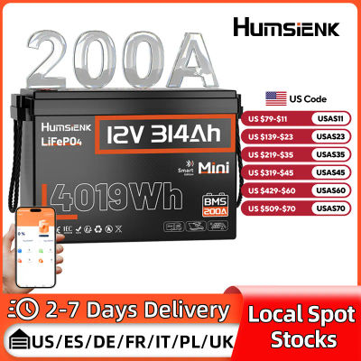 Humsienk Bluetooth LiFePO4 batería 12V 314AH con 200A BMS A + celdas 15000 ciclos Monitor en tiempo Real para exteriores/hogar