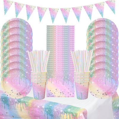 Juego de vajilla desechable con diamante iridiscente, plato de papel, vasos, servilletas, suministros de decoración para fiesta de cumpleaños para niñas y niños, Baby Shower